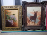 Antique Oil Paintings of Stag and Floral Still Life