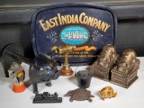 East India Trading Company Tray of Bookends, Pig Towel Holder and Metal Toys and Figures