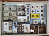 Tray Lot of Antique Currency, US Silver Coins, Indian Head Pennies and More