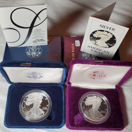 1986-S and 2008-W 1 Troy Oz .999 Silver Eagle Selected Coins in US Mint Display Boxes