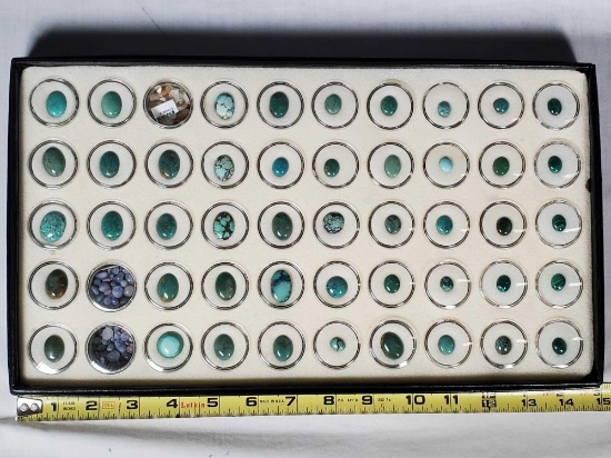 Tray of 50 Specimen Capsule Cabochon Turquoise, Malachite and Other Gemstones