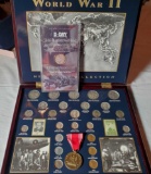 WWII Coinage and Memorabilia Collection in Fitted Wooden Box Display
