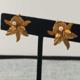 Pair Of 18K Yellow Gold & Pearl Orchard Flower Screw Back Earrings