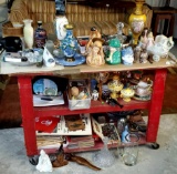 3 Tier Cart of Wedgwood, Hardware, Bells, Figurines, Silverplate, Asian Items, Tea Ware and More