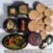 Collection of Antique Treen Stacking Boxes, Russian Laquer Boxes and Brooches