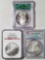 3 Graded US One Oz Fine Silver Eagle Coins
