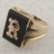 10K Yellow Gold Men's Ring With Rectangle Onyx & Applied R Initial