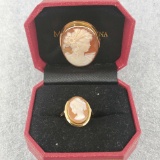 18K Yellow Gold & Shell Cameo Ring & Pendant / Brooch