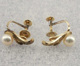 14K Yellow Gold Vintage Screw Back Mikimoto Pearl Earrings In Original Box