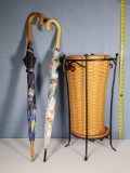 Longaberger Umbrella/ Cane Stand Basket with Liner, Holder and Shelf and 2 Umbrellas