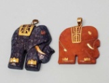 2 Vintage Carved Elephant Pendants with Gold Accents