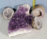 Large Amethyst Crystal Cluster Specimen and 3 Geodes