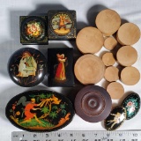 Collection of Antique Treen Stacking Boxes, Russian Laquer Boxes and Brooches