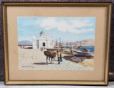 D Vassiliou Watercolor of Greek Harbor Shore Scene