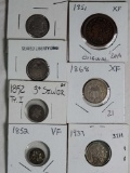 2 1852 3 cent Silver, 1837 and 1875 Dimes, 1868 and 1937 Nickels and 1851 Large Cent