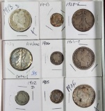 3 Barber and 2 Walking Liberty Half Dollars, 2 Barber and 2 Mercury Dimes