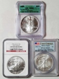 3 Graded US One Oz Fine Silver Eagle Coins