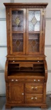 Vintage 1970s C Roll Desk With Leaded Glass Book Case Top