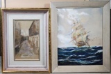 H Ornstein Watercolor of masted sailing ship and Impressionist Gouache