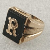 10K Yellow Gold Men's Ring With Rectangle Onyx & Applied R Initial