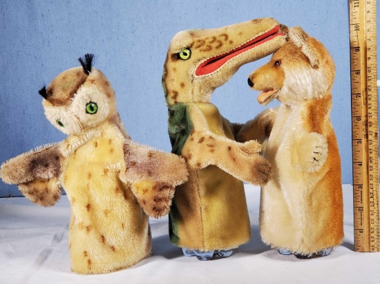 Vintage 1950s Steiff Wittie the Owl, Gaty the Alligator and Red Fox Hand Puppets