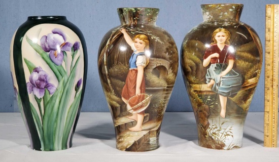 3 Hand Painted Antique European Porcelain Vases