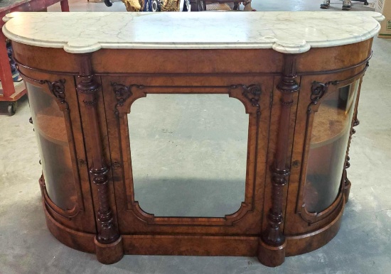 Antique Burl & Carved Wood Credenza With Gray Veined White Marble