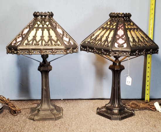 Pair Of 20" Tall Gothic Style Slag Glass Table Lamps