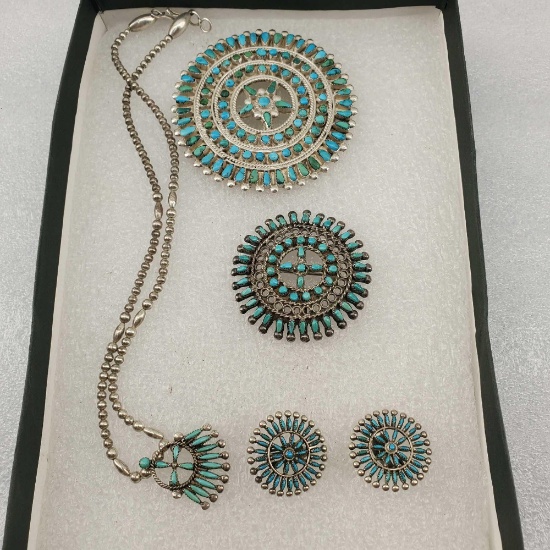 Lot Of Vintage Native American Zuni Petit Point Turquoise Sterling Silver Jewelry