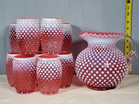 Fenton Cranbery Opalescent Hobnail Water Pitcher and 10 Matching Tumblers