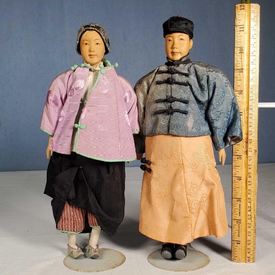 Pair of 11" Rare Door of Hope Shanghai Mission Carved Pear Wood Head Dolls in Original Dress