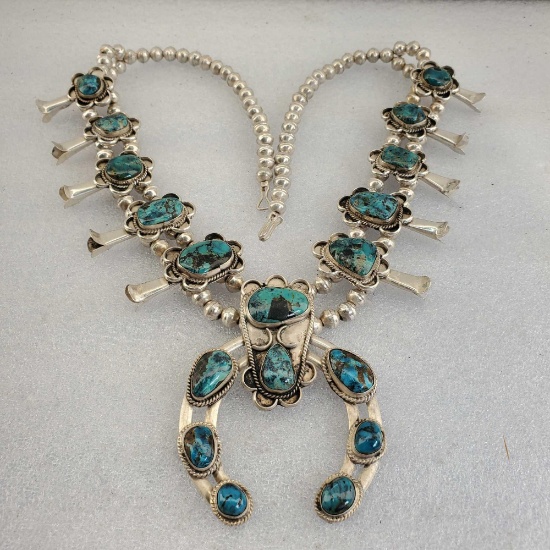Sterling Silver And Turquoise NativeAmerican Squash Blossom Necklace