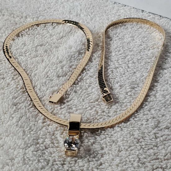 21 Inch 14K Yellow Gold Diamond Cut Herringbone Necklace & 14K Cubic Zirconia Slide Pendant