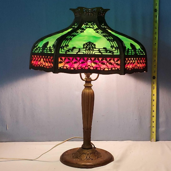 1920s Edward Miller EM & Co Lamp Co Two Tone Caged Slag Glass Shade Table Lamp