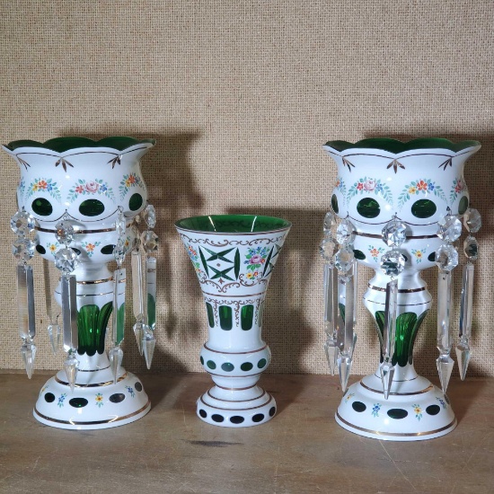 Pair Victorian Czechoslovakian White & Green Cut to Clear Glass Mantle Lusters & Matching Vase