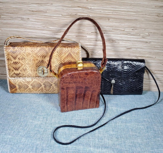 3 Vintage Alligator & Snake Skin Handbags