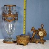 Ormolu Accent Glass Vases and Puff Box and Cherub Clock