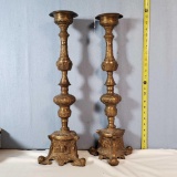 Pair of Mask Face and Floral Pillar 3 footed Banquet Candlesticks