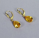 Pair Of 14K Yellow Gold & Yellow Tear Drop Sapphire Locking Wire Earrings