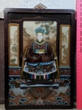 Chinese Reverse Painted on Glass Emperor in Original Vintage Wood Frame