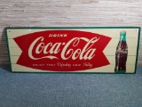 Vintage 1950's Drink Coca-Cola Self Framed Tin Litho Sign with Bottle & Fishtail Logo