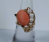 14k Gold Pink Coral & Pearl Ring