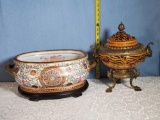 Sarreid Ltd. Tiger Porcelain Centerpiece Bowl w/ Brass Paw Feet Mounts & Chinese Foot Bath Bowl