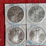 4 US Silver Eagle 1 Troy Oz .999 Silver Bullion Coins - 1996 (Key Date), 1999, 2000 and 2001