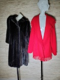 Vintage Red Wool Sweater Coat & Faux Fur Coat