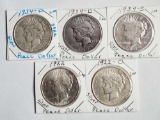 5 US Silver Peace Dollars - Rare 1934-S, 2 1934-D, UNC 1922 and 1922-D
