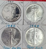 4 US Silver Eagle 1 Troy Oz .999 Silver Bullion Coins - 1986, 1988, 1989, and 1990