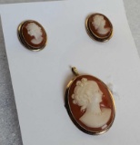 18K Yellow Gold Earring & Brooch / Pendant Shell Cameo Set