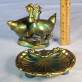 Zsolnay Green Eosin Glaze Rooter and Hen and Shell Tray