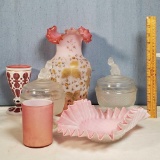 6 Pcs of Antique Victorian, Pink Overlay and Pattern Glass